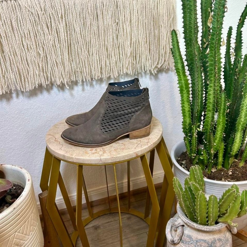 Anthropologie Seychelles Perforated Suede Grey cut out ankle boots